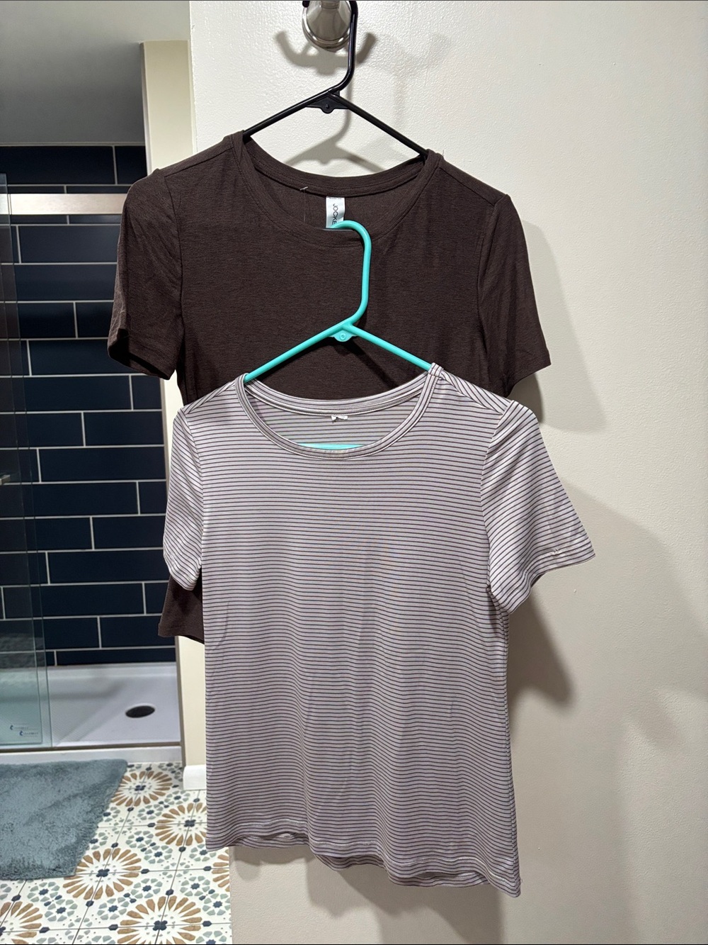 Women’s Short Sleeve Stripe Tee and Solid Tee Set - Brown